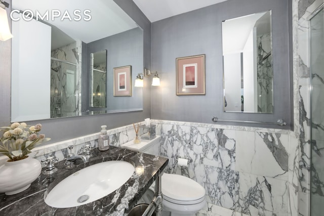401 E 60th St Unit 35B, New York City, NY 10022 - full bath with a marble finish shower, vanity, and tile walls