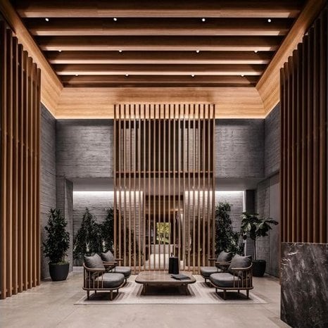 lobby featuring a towering ceiling