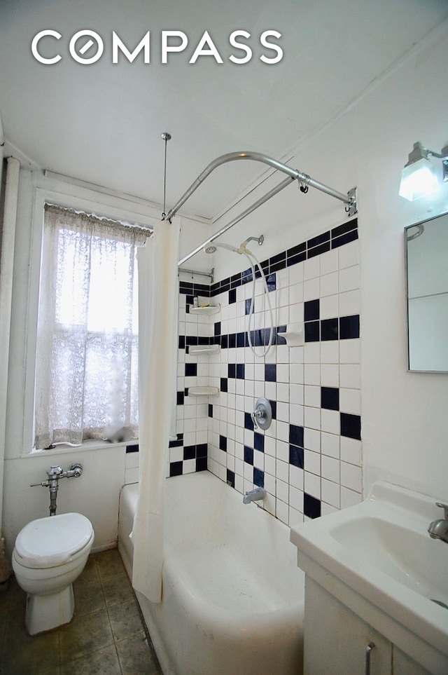 43-10 48th Ave Unit 2P, New York City, NY 11377 - bathroom featuring toilet, shower / tub combo with curtain, vanity, and tile patterned floors