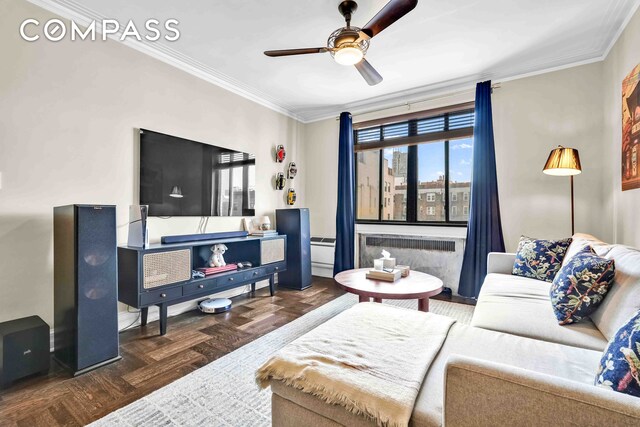 255 W 23rd St Unit 5Gw, New York City, NY 10011 - living area with radiator, ceiling fan, and ornamental molding