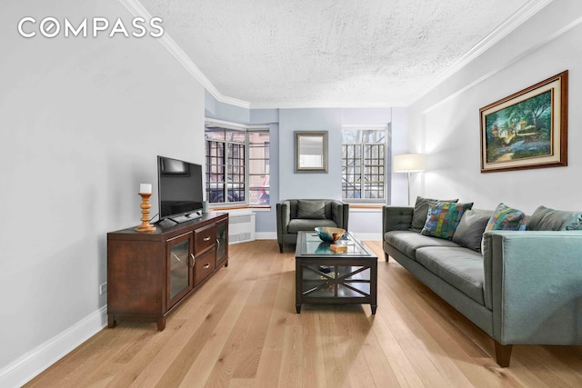 living room with radiator heating unit, crown molding, light wood-style floors, and a textured ceiling