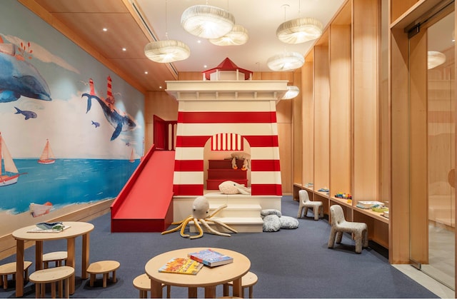 rec room featuring carpet flooring and recessed lighting