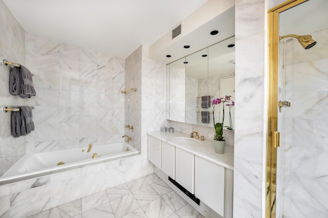 45 E 80th St Unit 17B, New York City, NY 10075 - full bath featuring vanity, a combined bath / shower with marble appearance, and marble finish flooring