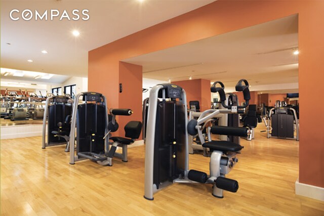 360 Furman St Unit 511, New York City, NY 11201 - gym with wood finished floors and recessed lighting