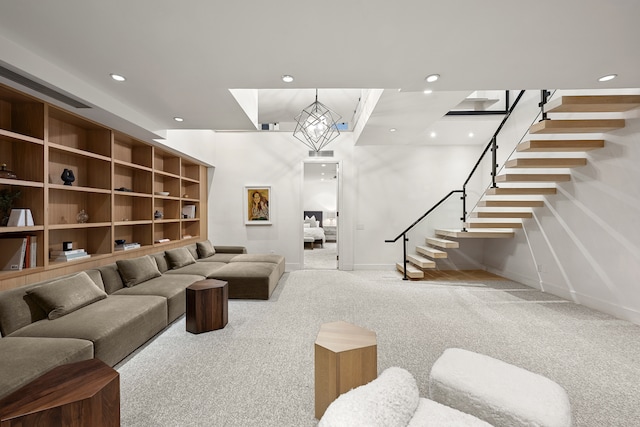 living room featuring recessed lighting, carpet flooring, and baseboards