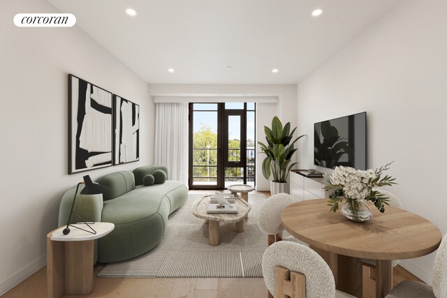 living room with wood finished floors, recessed lighting, baseboards, and visible vents