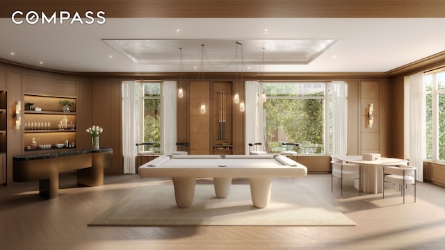 recreation room featuring billiards table and crown molding