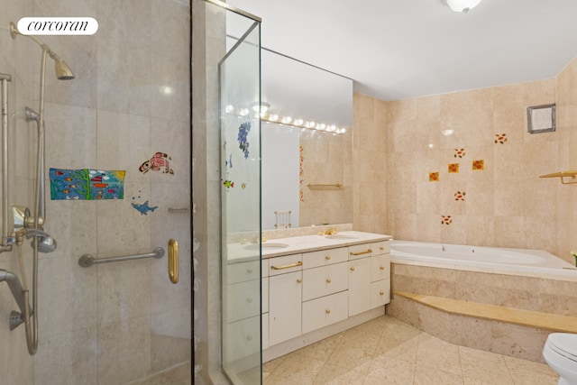 full bath with a stall shower, a garden tub, vanity, tile patterned flooring, and tile walls