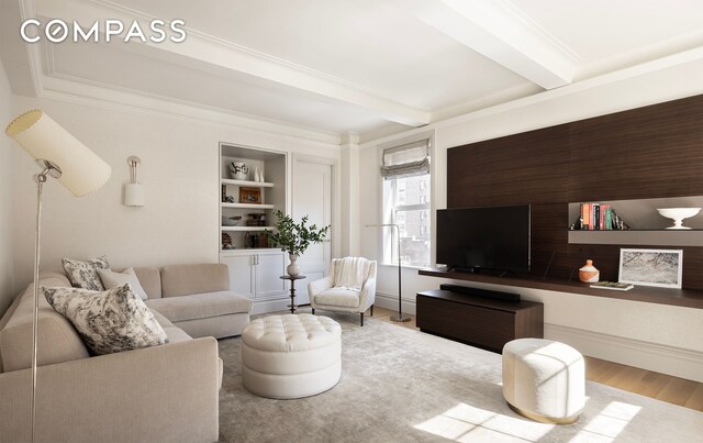 40 E 66th St Unit 9A, New York City, NY 10065 - living area with wood finished floors, beamed ceiling, crown molding, and built in features