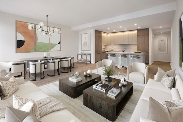 living room featuring light wood-style flooring, recessed lighting, a chandelier, and baseboards