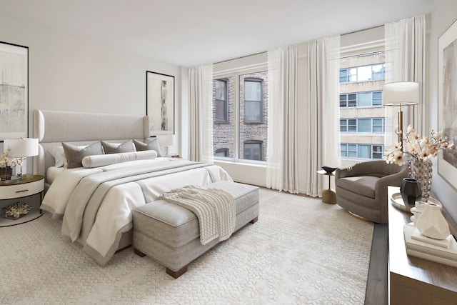 bedroom with light carpet
