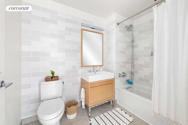 550 Vanderbilt Ave Unit 1101, New York City, NY 11238 - bathroom featuring toilet, shower / bath combination with curtain, tile walls, and vanity