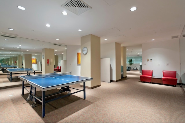 game room featuring light colored carpet, baseboards, and recessed lighting