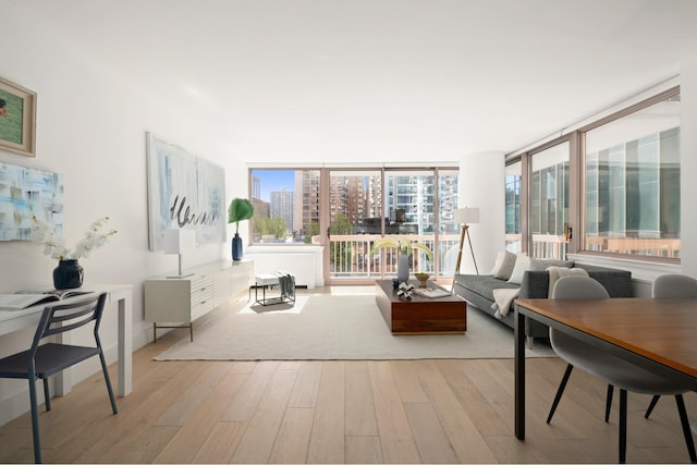living room with wood finished floors and floor to ceiling windows