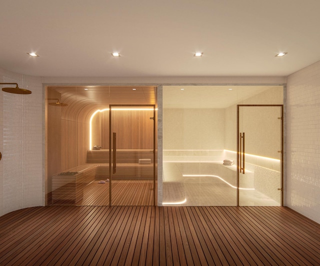 view of sauna featuring recessed lighting