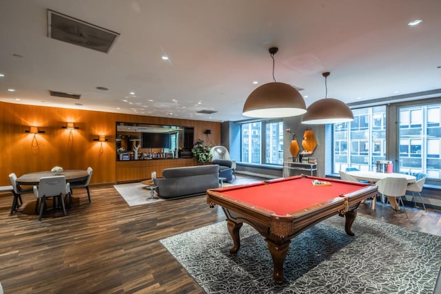 recreation room featuring billiards, wood finished floors, wood walls, and recessed lighting