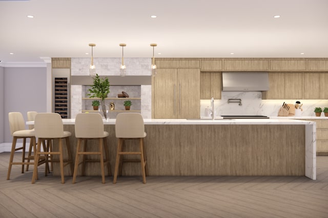 436 W 20th St Unit Th, New York City, NY 10011 - kitchen with wall chimney exhaust hood, light countertops, a sink, modern cabinets, and crown molding