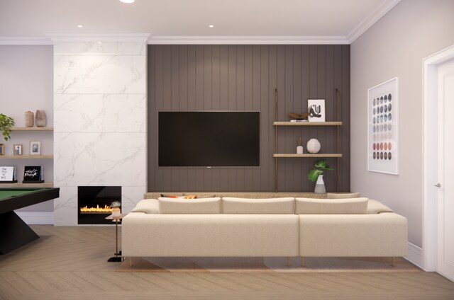 436 W 20th St Unit Th, New York City, NY 10011 - living area featuring ornamental molding, recessed lighting, a fireplace, and billiards table