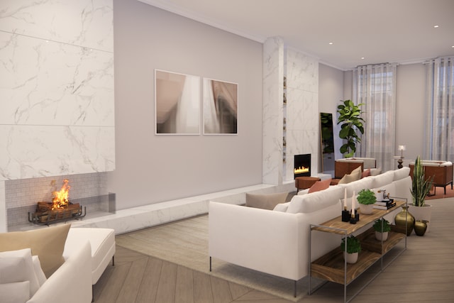 436 W 20th St Unit Th, New York City, NY 10011 - living room with a fireplace, wood finished floors, and recessed lighting