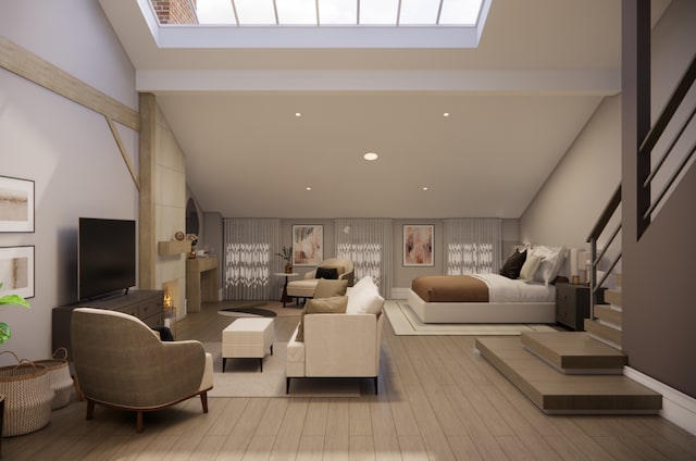 436 W 20th St Unit Th, New York City, NY 10011 - living area with wood finished floors, high vaulted ceiling, a skylight, and beam ceiling