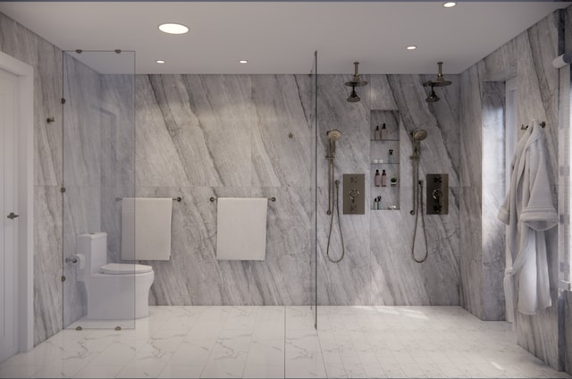 436 W 20th St Unit Th, New York City, NY 10011 - full bathroom with toilet, recessed lighting, a marble finish shower, and marble finish floors