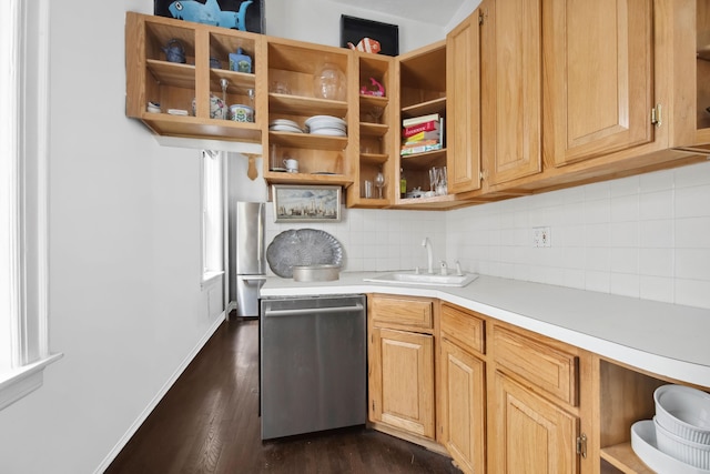 kitchen featuring backsplash, open shelves, dishwasher, a sink, and light countertops