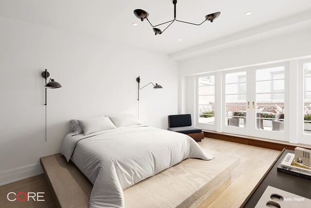 87 Leonard St Unit Mais1B, New York City, NY 10013 - bedroom with baseboards, wood finished floors, a chandelier, and recessed lighting