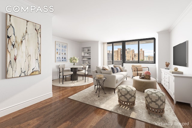 233 E 86th St Phb, Phb, New York City, NY 10028 - living area featuring ornamental molding, dark wood-style flooring, built in features, and baseboards