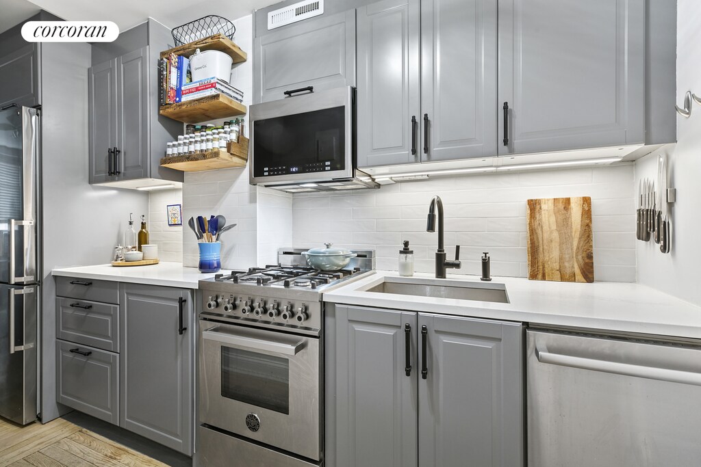 433 W 34th St Unit 6F, New York City, NY 10001 - kitchen featuring appliances with stainless steel finishes, gray cabinetry, a sink, and tasteful backsplash