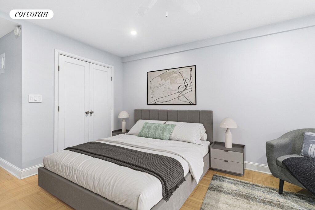 433 W 34th St Unit 6F, New York City, NY 10001 - bedroom with baseboards, a closet, ceiling fan, and recessed lighting