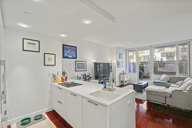 5-19 Borden Ave Unit 1-C, New York City, NY 11101 - kitchen with a peninsula, open floor plan, a sink, and dark wood-style floors