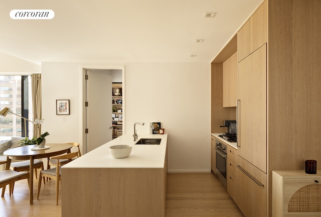 98 Front St Unit Ph3D, New York City, NY 11201 - kitchen featuring a sink, stainless steel appliances, a peninsula, light wood-type flooring, and light countertops