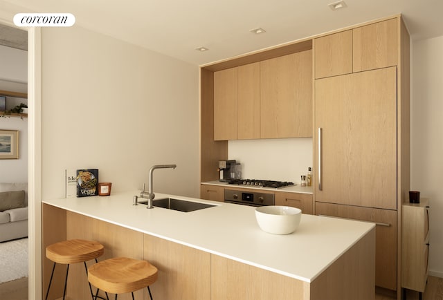 98 Front St Unit Ph3D, New York City, NY 11201 - kitchen with a sink, a kitchen bar, modern cabinets, light brown cabinets, and a peninsula