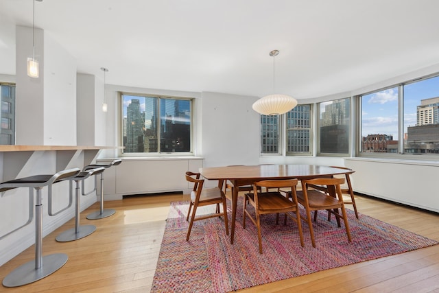 dining space with a view of city and wood-type flooring