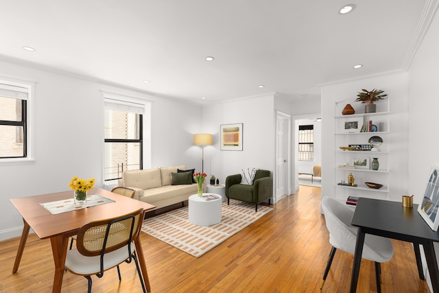 4 W 109th St Unit 2F, New York City, NY 10025 - living area with light wood-style floors, ornamental molding, recessed lighting, and baseboards