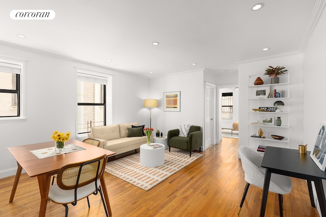 4 W 109th St Unit 2F, New York City, NY 10025 - living room with light wood-style flooring, crown molding, recessed lighting, and baseboards