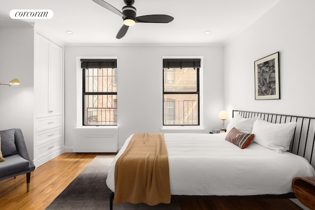 4 W 109th St Unit 2F, New York City, NY 10025 - bedroom with crown molding, light wood-style floors, recessed lighting, and a ceiling fan