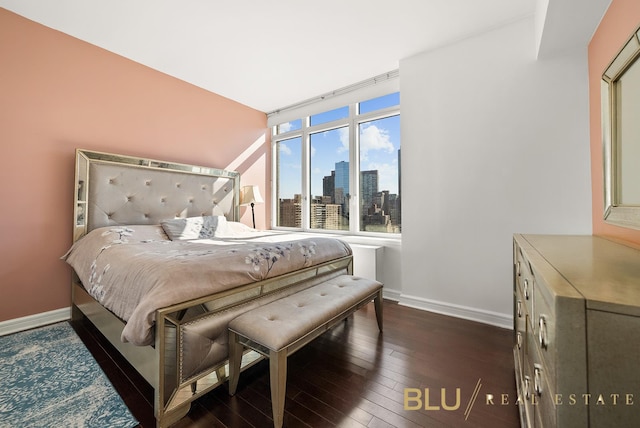 100 Riverside Blvd Unit 28-E, New York City, NY 10069 - bedroom with baseboards, a skyline view, and dark wood finished floors