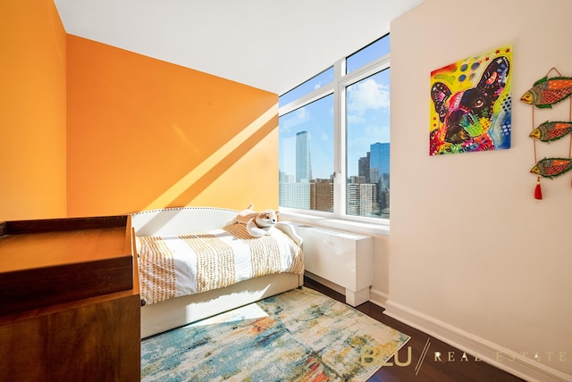100 Riverside Blvd Unit 28-E, New York City, NY 10069 - bedroom with baseboards, wood finished floors, and a view of skyline
