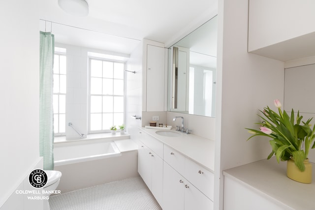 bathroom featuring vanity, shower / bath combination, and toilet