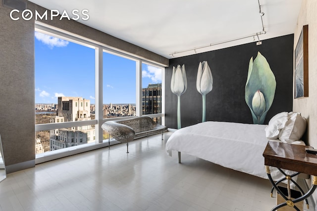 bedroom featuring a view of city and track lighting