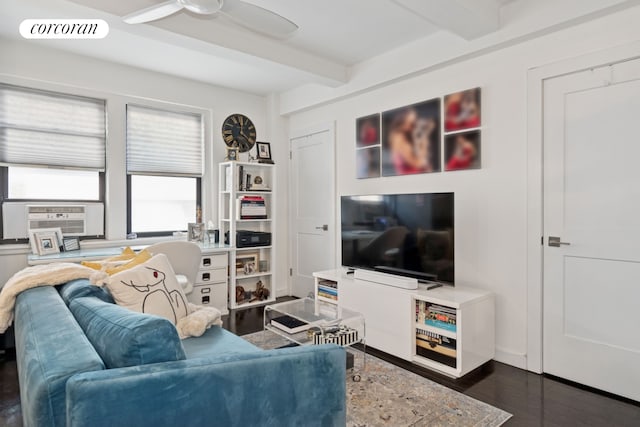 211 E 35th St Unit 4D, New York City, NY 10016 - living room featuring beamed ceiling, dark wood finished floors, cooling unit, and a ceiling fan