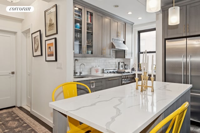 211 E 35th St Unit 4D, New York City, NY 10016 - kitchen with high end appliances, gray cabinets, under cabinet range hood, decorative backsplash, and recessed lighting