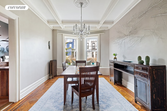 dining area with radiator, visible vents, a notable chandelier, coffered ceiling, and beamed ceiling
