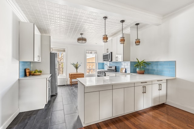 253 21st St, New York City, NY 11215 - kitchen with stainless steel appliances, radiator heating unit, a peninsula, baseboards, and light countertops