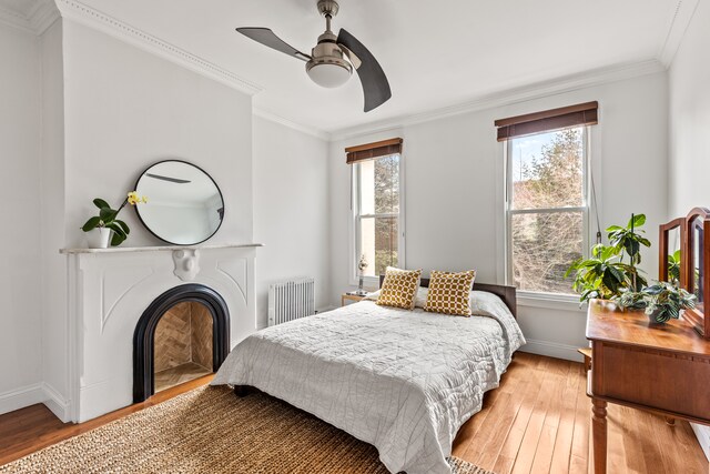 253 21st St, New York City, NY 11215 - bedroom with radiator heating unit, light wood-type flooring, baseboards, crown molding, and a fireplace