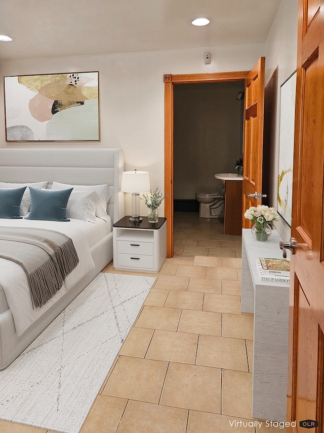 230 26th St, New York City, NY 11232 - bedroom featuring light tile patterned floors and recessed lighting
