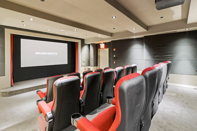 home theater with recessed lighting and carpet floors