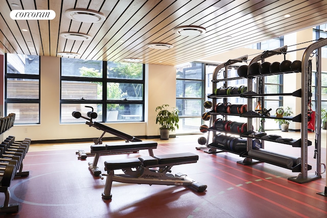 exercise room featuring wooden ceiling and baseboards