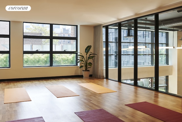 unfurnished room with wood finished floors, a wall of windows, and a wealth of natural light